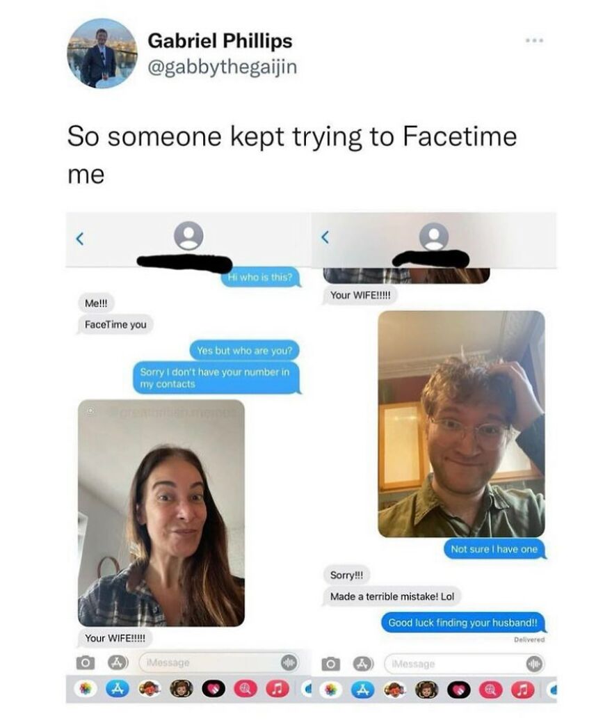 Text message exchange showing British humor with a mistaken FaceTime call and playful responses between strangers.