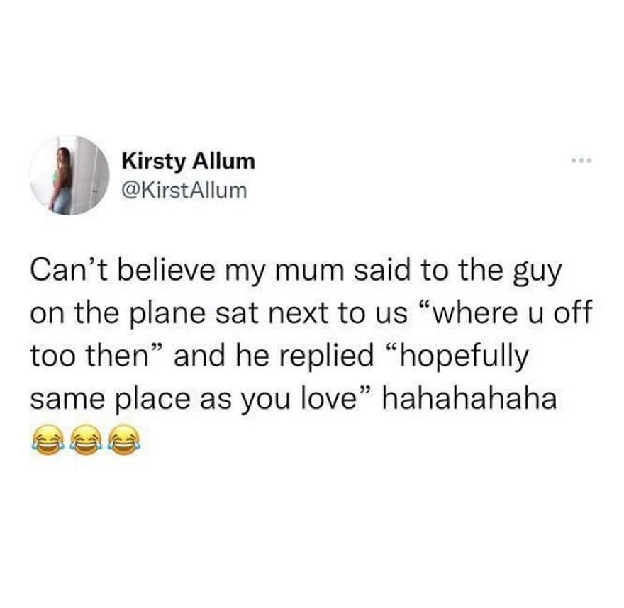 Tweet about a humorous conversation on a plane, showcasing British humor in a casual social media post.
