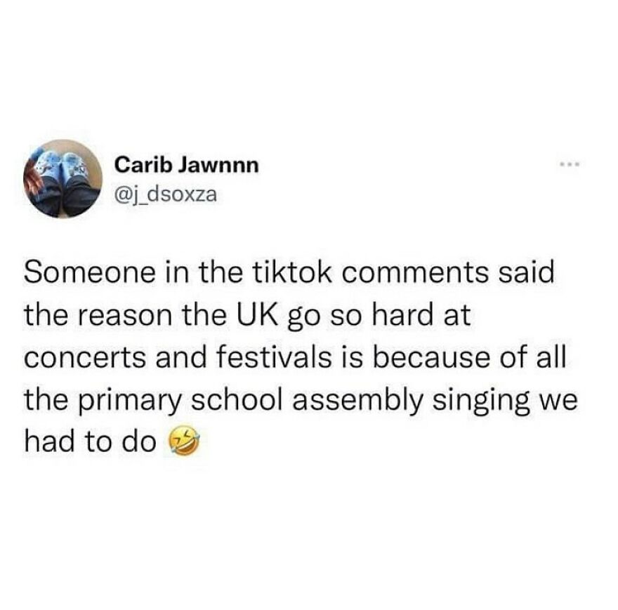 Tweet about UK concerts and festivals humor, highlighting British humor in daily meme content.