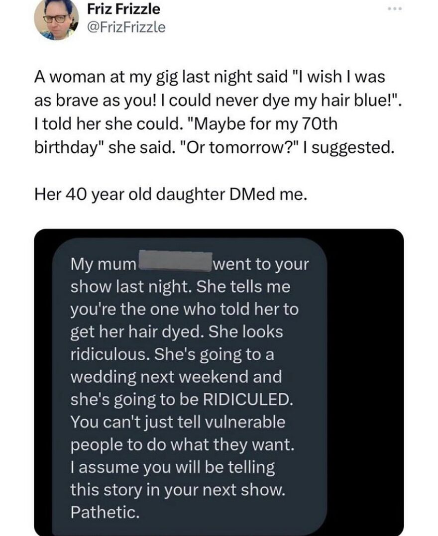 Screenshot of a humorous British meme exchange about dyeing hair blue and social reactions, reflecting British humor.