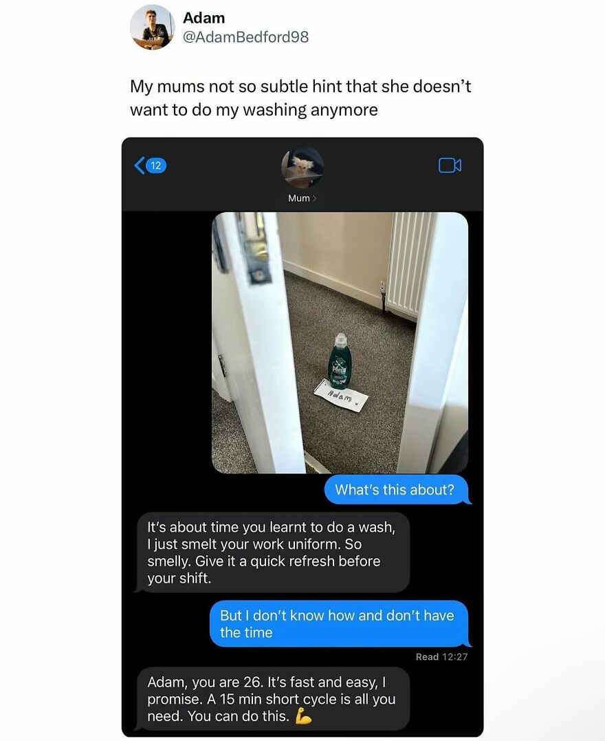 Text message exchange showing a British humor meme about a mum hinting her son should do his own washing.