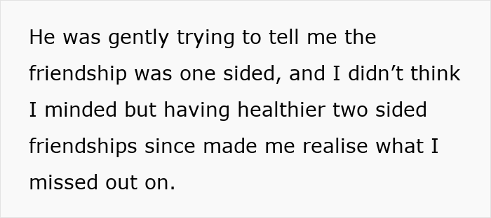 Text excerpt discussing realization about one-sided friendships after cutting off a friend in an abusive marriage. Text excerpt discussing realization about one-sided friendships after cutting off a friend in an abusive marriage.