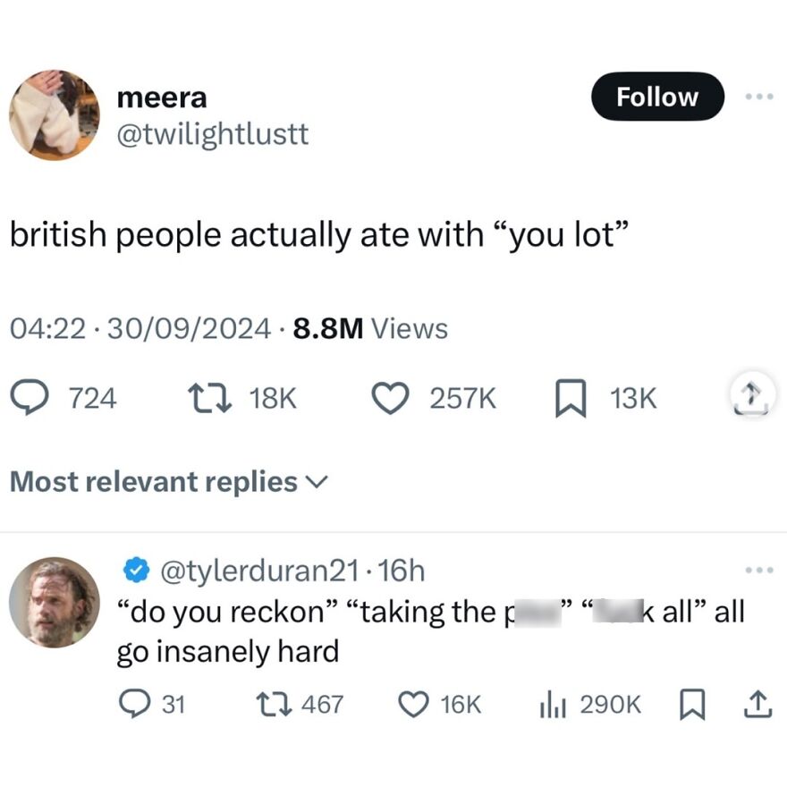 Screenshot of British humor memes shared on Twitter featuring witty British slang and expressions popular online.