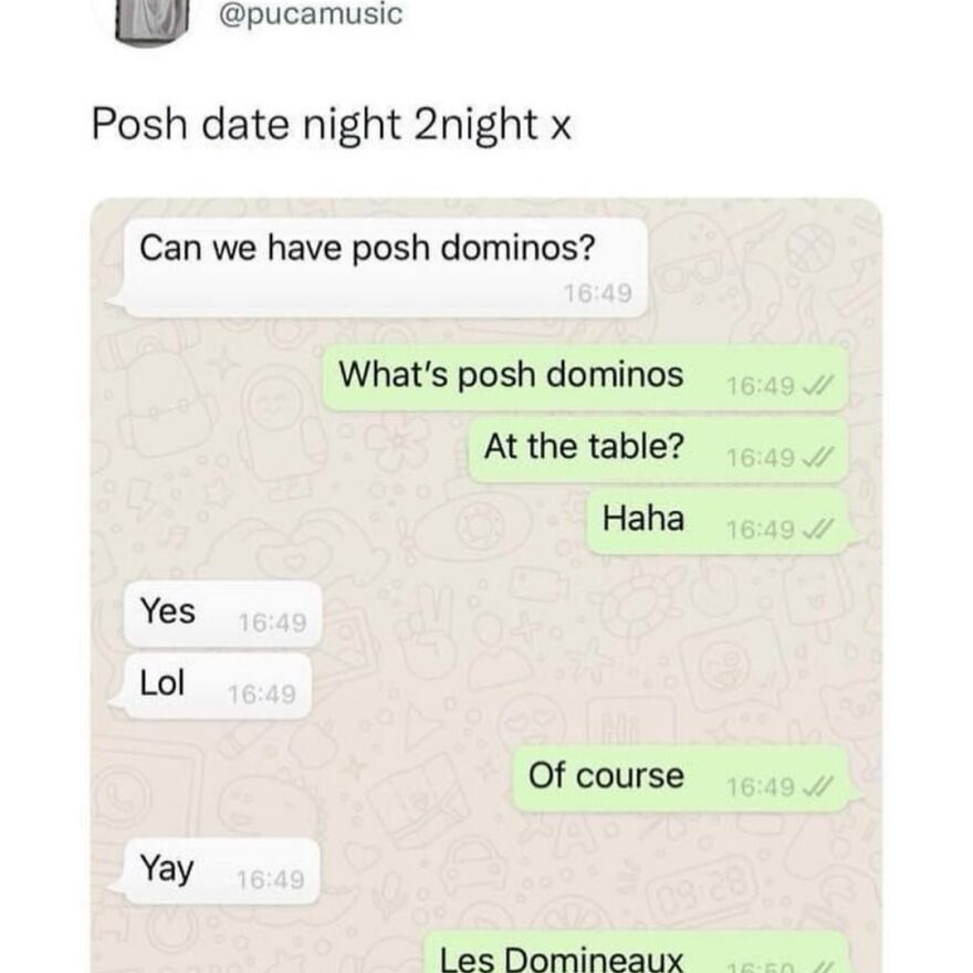 Text message exchange humor about a posh date night with British humor and playful wordplay on posh dominos.