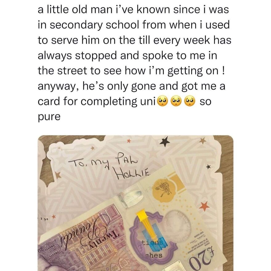 Handwritten card and twenty-pound note gifted by a kind old man, capturing British humor and heartfelt moments.