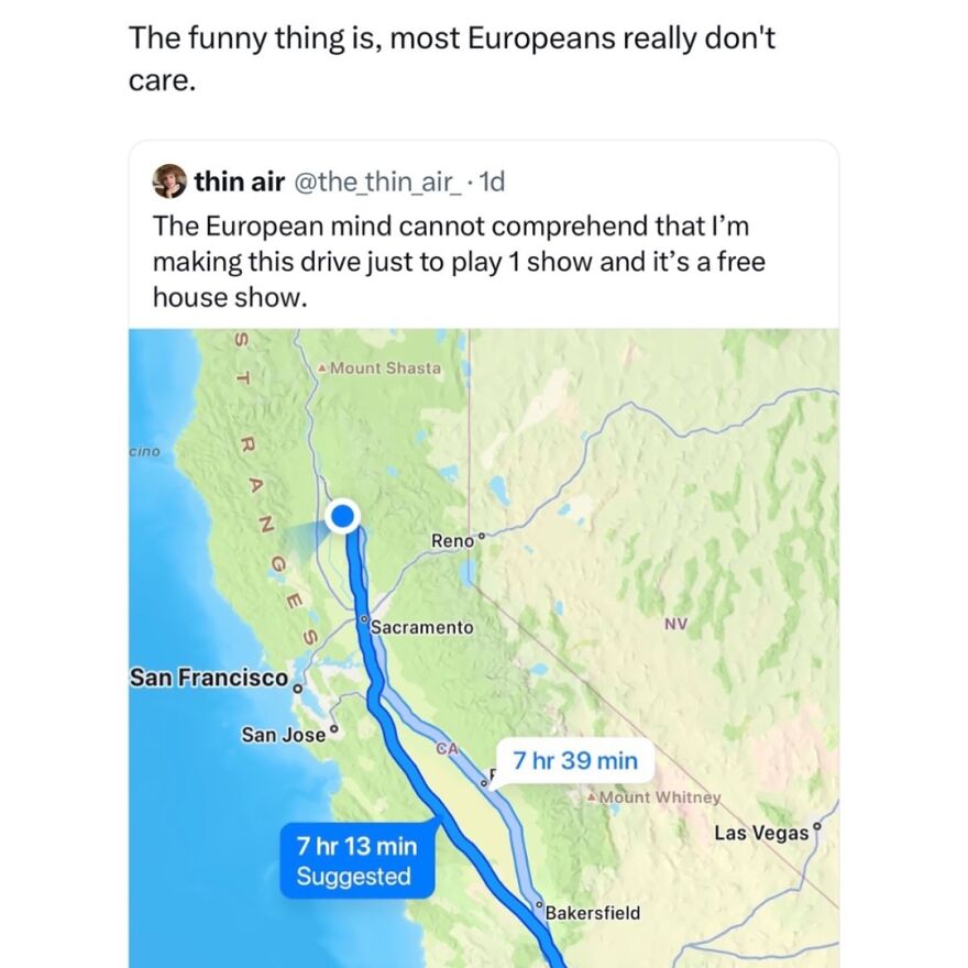 Map showing a long drive route and a tweet highlighting British humor with a joke about European mindset.