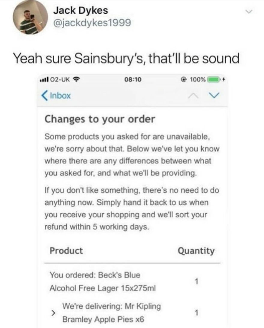Screenshot of a British humor meme showing a funny grocery order mix-up with product substitutions.