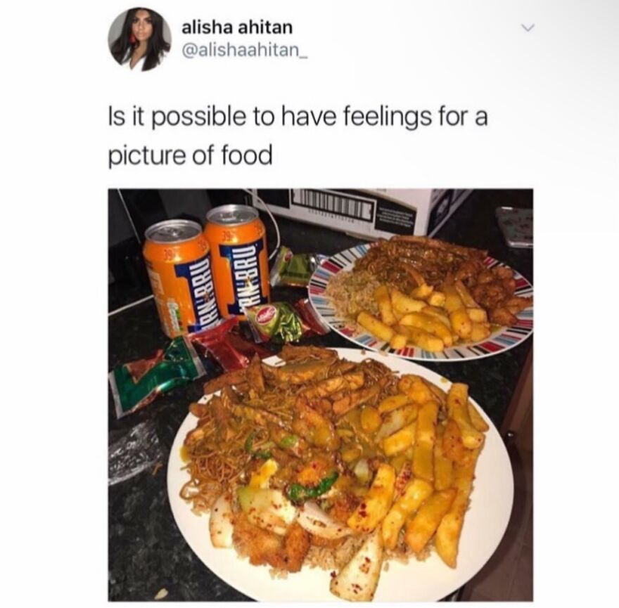 Social media meme showing British food plates with chips, curry, and Irn-Bru cans for daily dose of British humor.