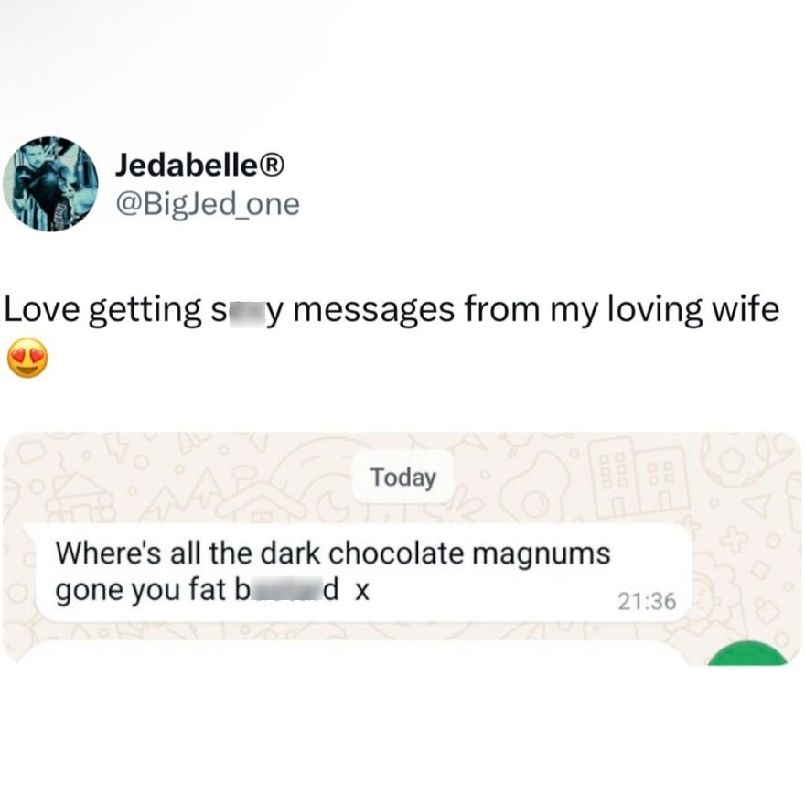 Text message meme showing playful British humor about missing dark chocolate magnums from a loving wife.