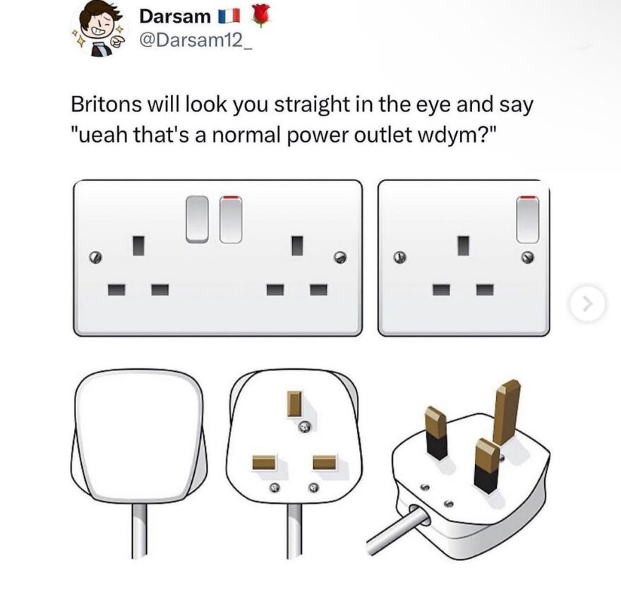 British humor meme about UK power outlets with illustrations of UK plugs and sockets in a simple style.