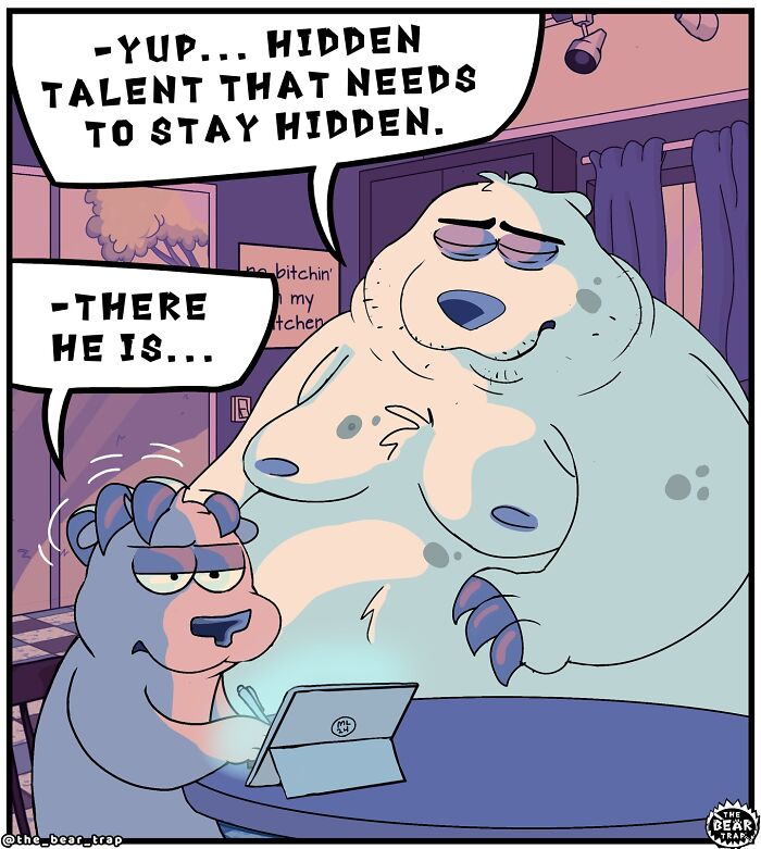 Cartoon bears share a moment over a digital drawing tablet, showcasing hilarious animal comics on real-life struggles.