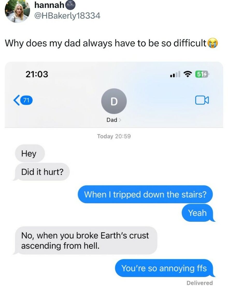 Text message meme showing a dad's sarcastic reply with British humor causing a funny daily dose of British humor.
