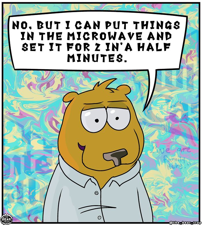 Bear manager humorously asks about past experience in animal comics tackling real-life work struggles.