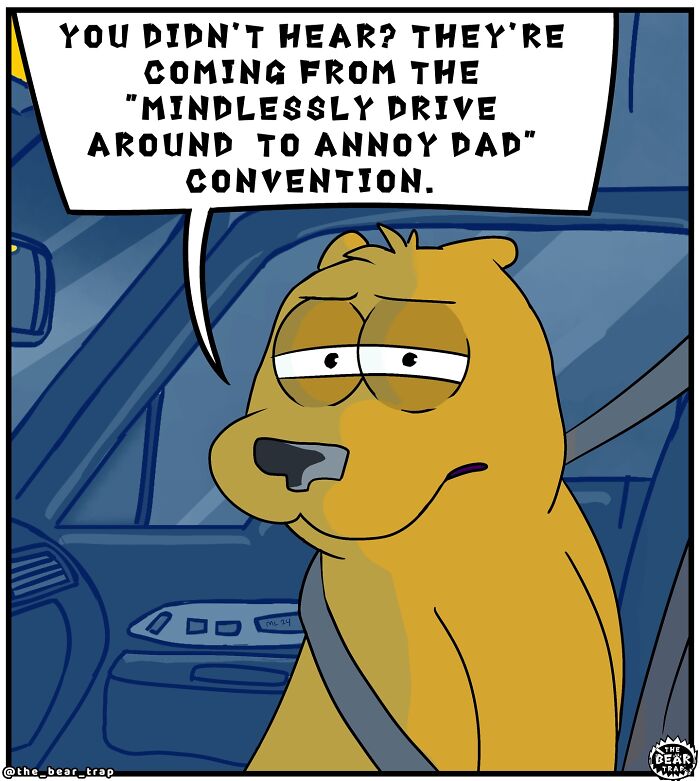 Cartoon of a bear driving a car, humorously tackling real-life traffic struggles in animal comics.