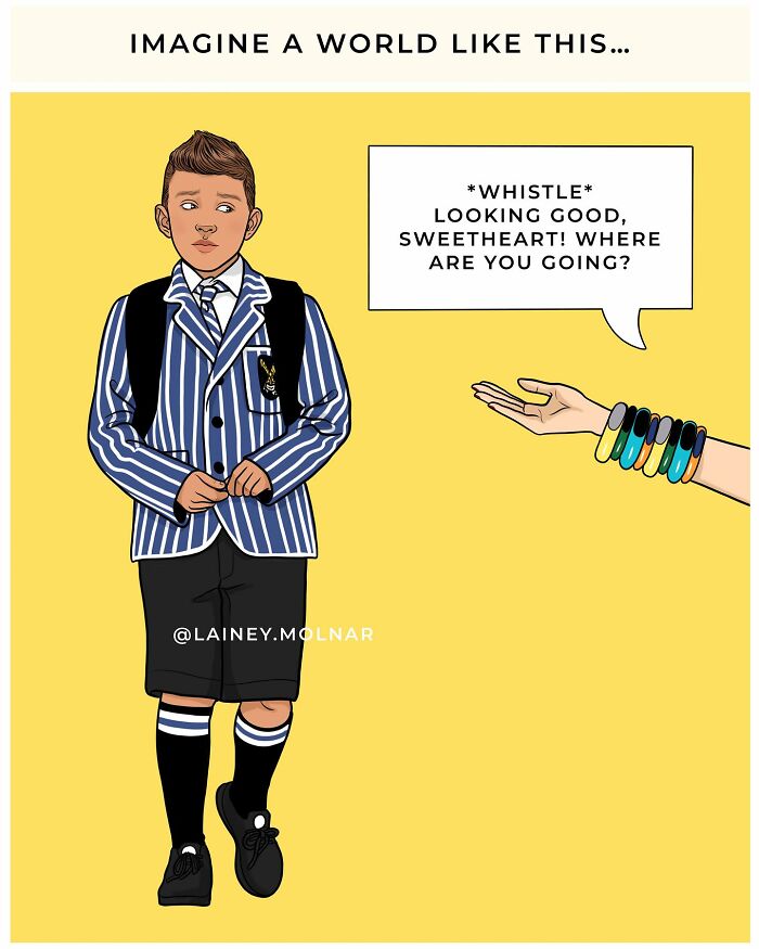 Illustration exploring gender expectations showing a man being told to cover up to avoid tempting women lacking self-control.