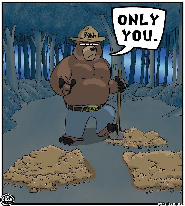 Cartoon bear character with a shovel telling two youths a message in a comic about real-life struggles.