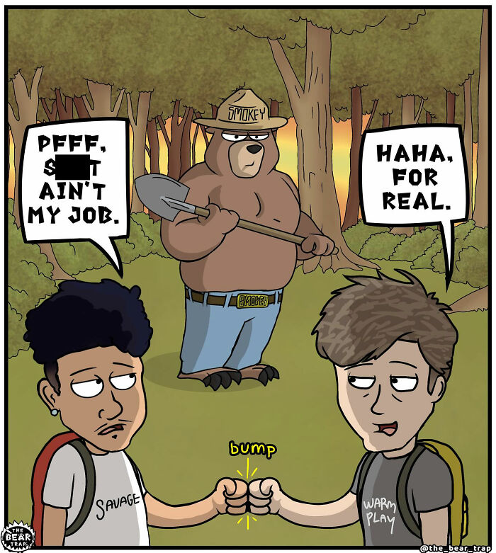 Cartoon bear character with a shovel telling two youths a message in a comic about real-life struggles.