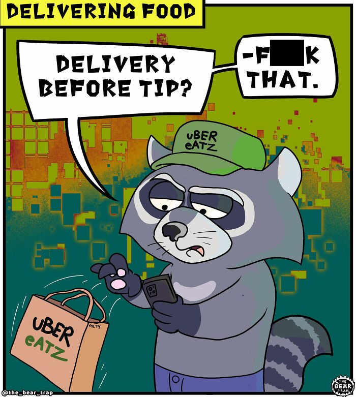 Cartoon polar bear expressing frustration about tipping delivery in hilarious animal comics tackling real-life struggles.