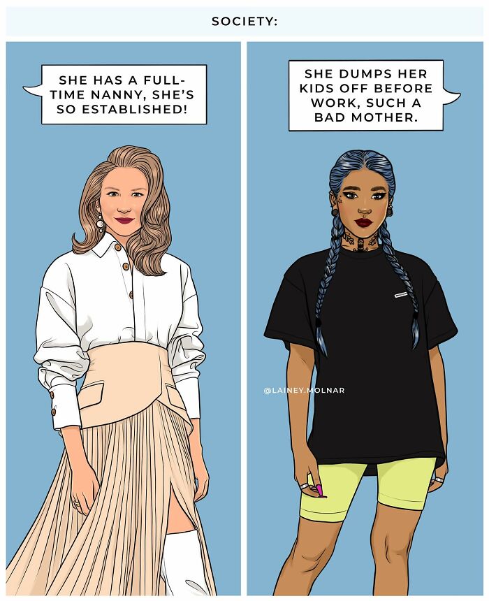 Two women depicted in a comic exploring gender expectations with contrasting societal labels about motherhood.