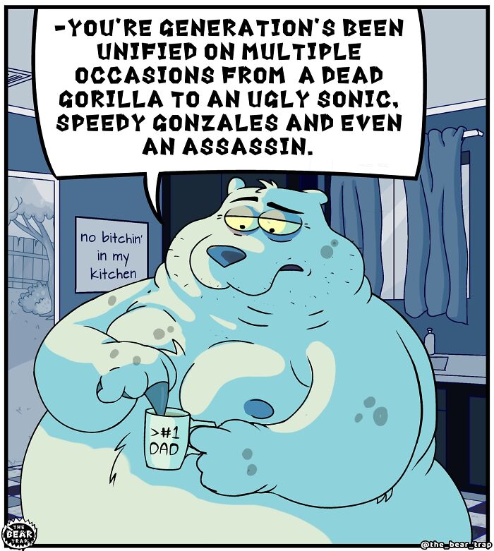 Anthropomorphic animal comic character humorously discusses social anxiety in a kitchen setting in a hilarious animal comics style.