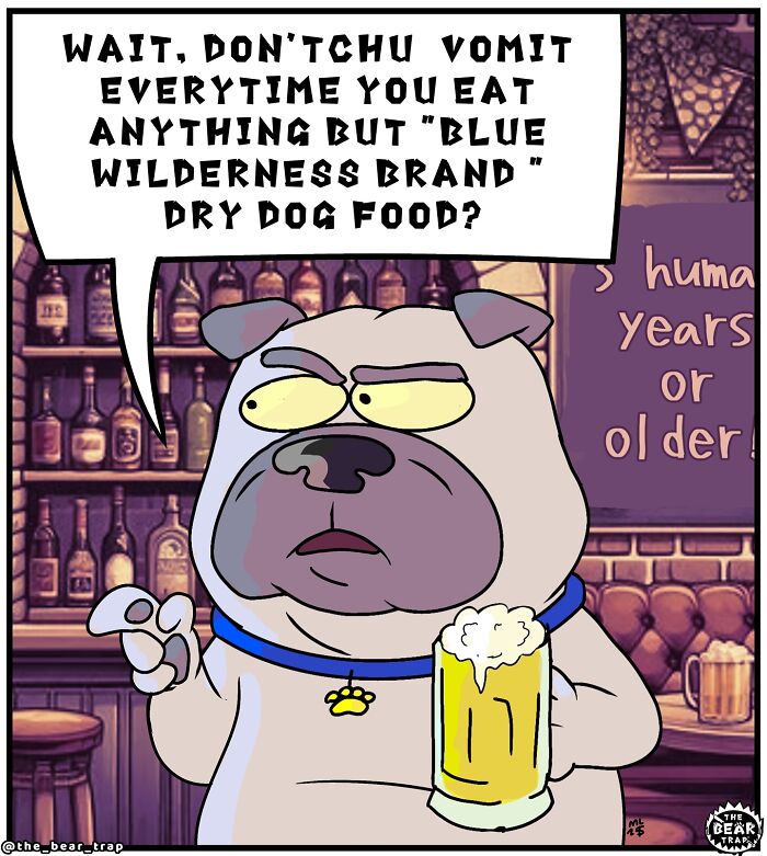 Two dogs in a bar comic illustrating real-life struggles with humor about table scraps and disappointment.