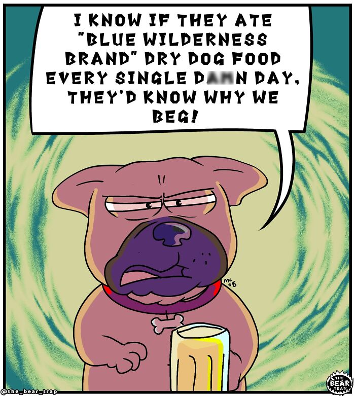 Two dogs in a bar comic illustrating real-life struggles with humor about table scraps and disappointment.