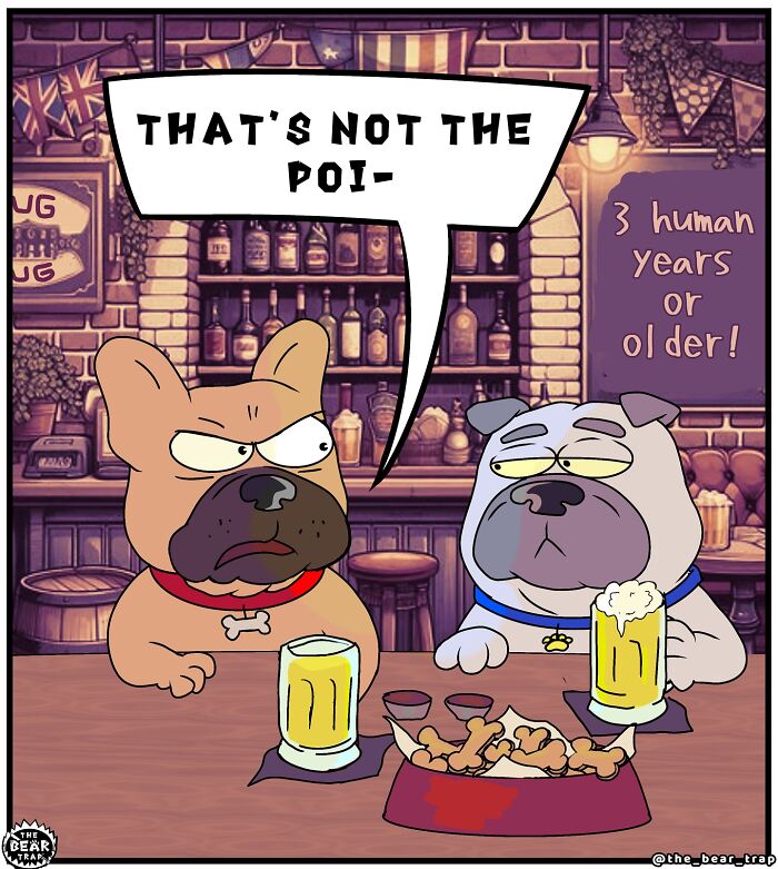 Two dogs in a bar comic illustrating real-life struggles with humor about table scraps and disappointment.