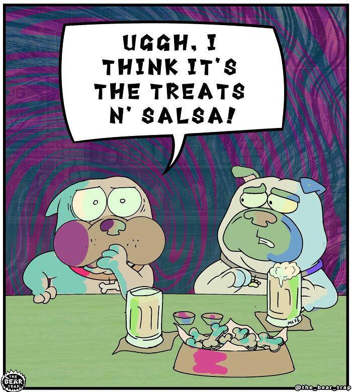 Two dogs in a bar comic illustrating real-life struggles with humor about table scraps and disappointment.