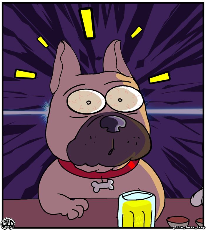 Two dogs in a bar comic illustrating real-life struggles with humor about table scraps and disappointment.