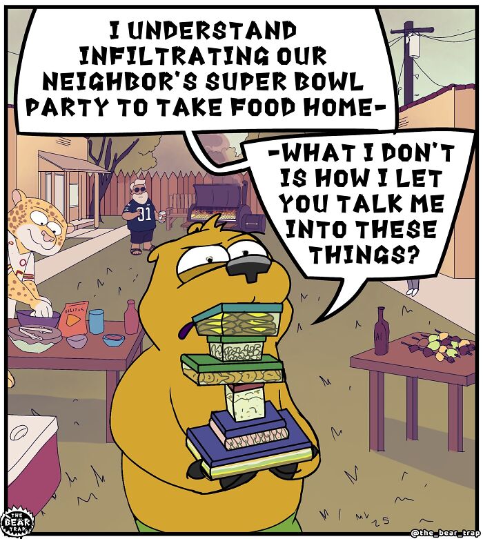 Hilarious animal comics showing a cartoon bear holding a beer box, humorously tackling real-life struggles.