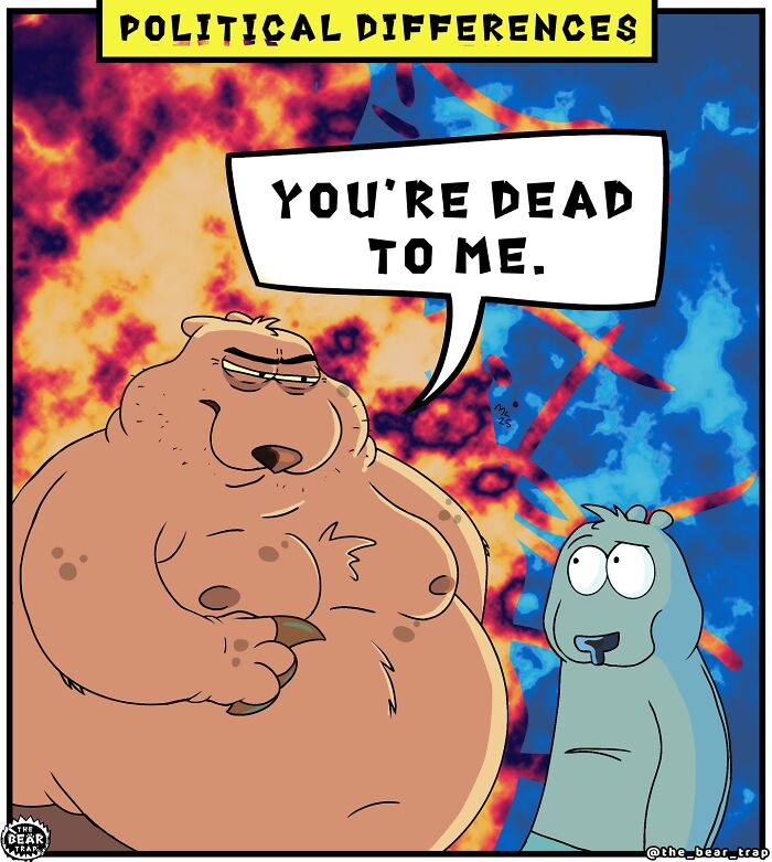 Hilarious animal comics showing a polar bear and a brown bear discussing family and sports fan rivalry.