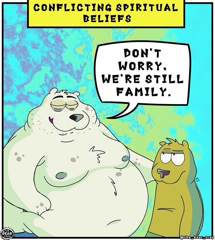 Hilarious animal comics showing a polar bear and a brown bear discussing family and sports fan rivalry.