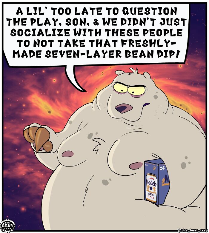 Hilarious animal comics showing a cartoon bear holding a beer box, humorously tackling real-life struggles.