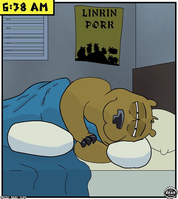 Sleeping cartoon bear in a cozy bed with animal comics poster on the wall illustrating hilarious animal comics.