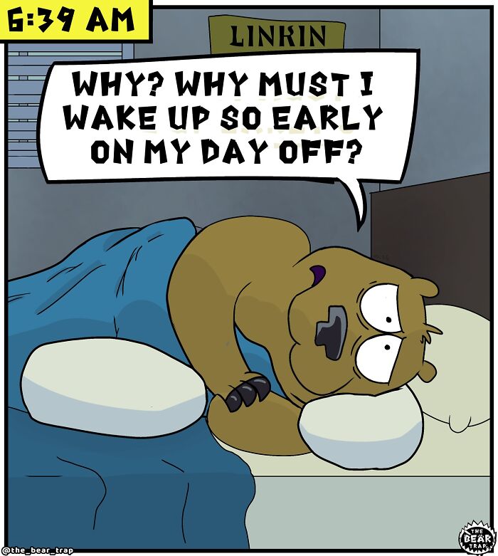 Sleeping cartoon bear in a cozy bed with animal comics poster on the wall illustrating hilarious animal comics.