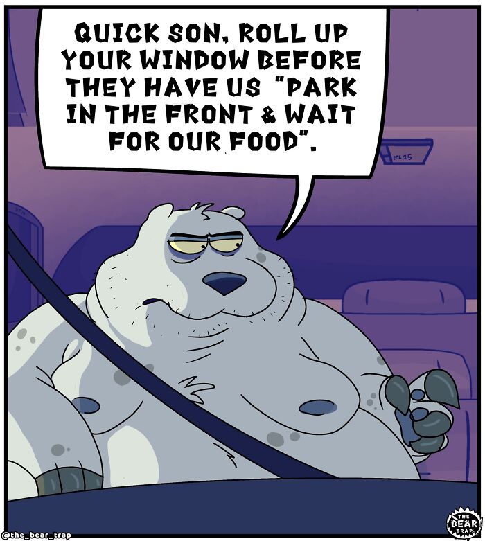Animal comics featuring a grumpy bear tackling real-life struggles with humor and relatable expressions in a car setting.