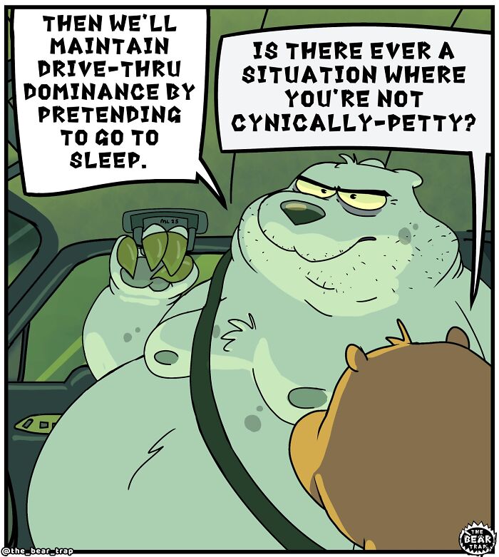 Animal comics featuring a grumpy bear tackling real-life struggles with humor and relatable expressions in a car setting.