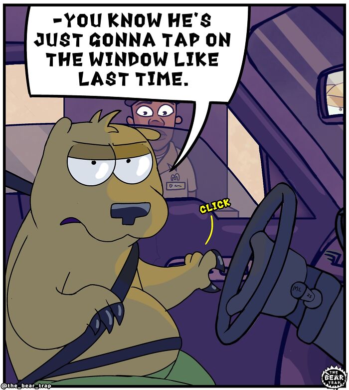 Animal comics featuring a grumpy bear tackling real-life struggles with humor and relatable expressions in a car setting.