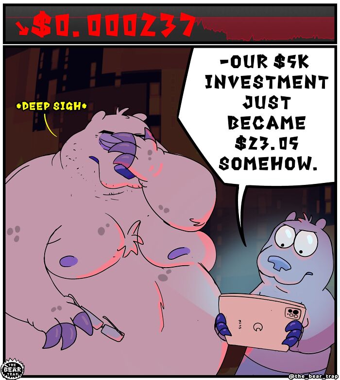 Animal comic shows a bear advising another to buy crypto expected to skyrocket, highlighting real-life struggles humorously.