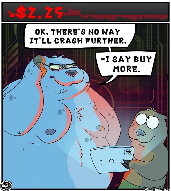 Animal comic shows a bear advising another to buy crypto expected to skyrocket, highlighting real-life struggles humorously.