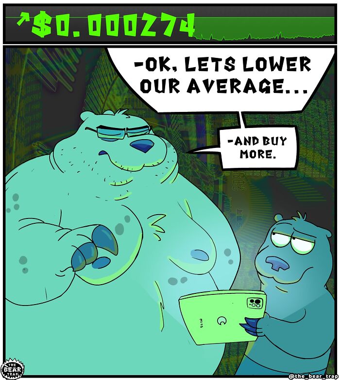 Animal comic shows a bear advising another to buy crypto expected to skyrocket, highlighting real-life struggles humorously.