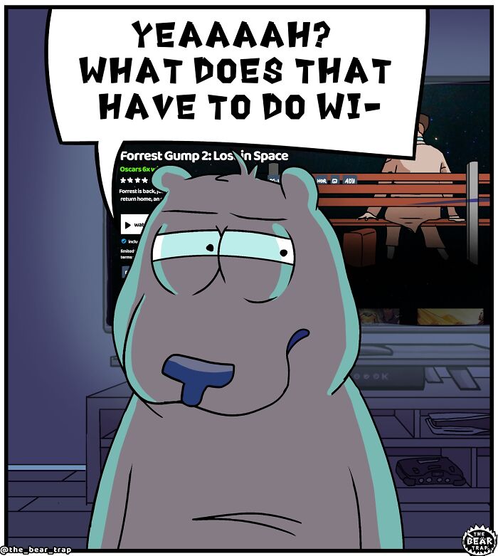 Cartoon of two bears in a living room, part of hilarious animal comics tackling real-life struggles with humor.