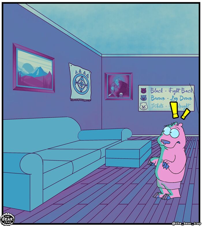 Cartoon of two bears in a living room, part of hilarious animal comics tackling real-life struggles with humor.