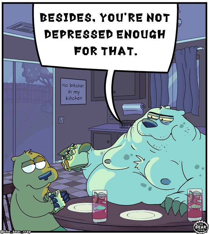 Cartoon bears having sandwiches in a kitchen, featuring hilarious animal comics about real-life struggles.