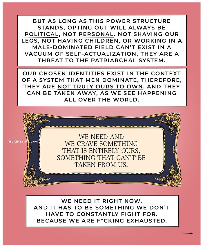 Illustration of a woman sitting on a crescent moon with text about reclaiming womanhood and gender expectations.