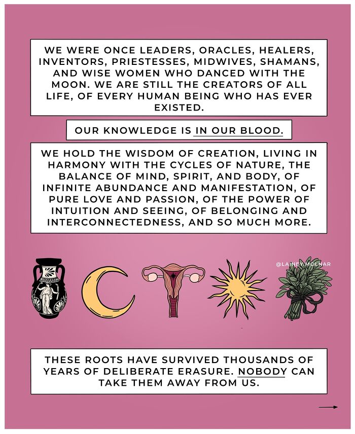 Illustration of a woman sitting on a crescent moon with text about reclaiming womanhood and gender expectations.