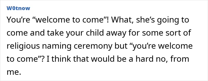 Text post from user W0tnow debating a mother’s discomfort over MIL demanding a more Christian name for the baby.