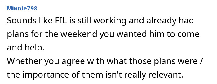 Comment by Minnie798 discussing FIL’s weekend plans and refusal to babysit, relating to grandpa skipping babysitting duty. Comment by Minnie798 discussing FIL’s weekend plans and refusal to babysit, relating to grandpa skipping babysitting duty.