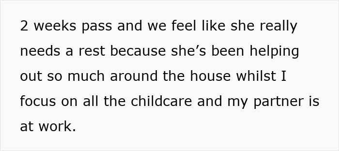 Text excerpt discussing a woman needing rest after helping with childcare while her partner is at work. Text excerpt discussing a woman needing rest after helping with childcare while her partner is at work.