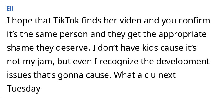 Comment expressing hope that TikTok exposes momfluencer staging beach day with daughter for online fame. Comment expressing hope that TikTok exposes momfluencer staging beach day with daughter for online fame.